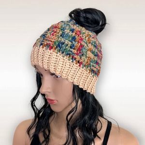 Knit Messy Bun High Ponytail Beanie Hat Basket Weave Multicolor Unlined One Size